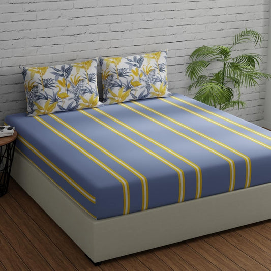 Cotton Double Bed Bedsheet Set – Striped Flamingo Design