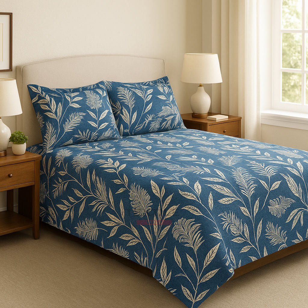 ELE FITTED – Blue Leaf Print Bedsheet Set