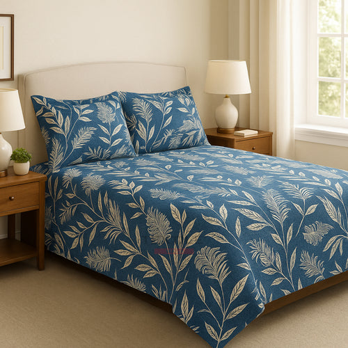 ELE FITTED – Blue Leaf Print Bedsheet Set