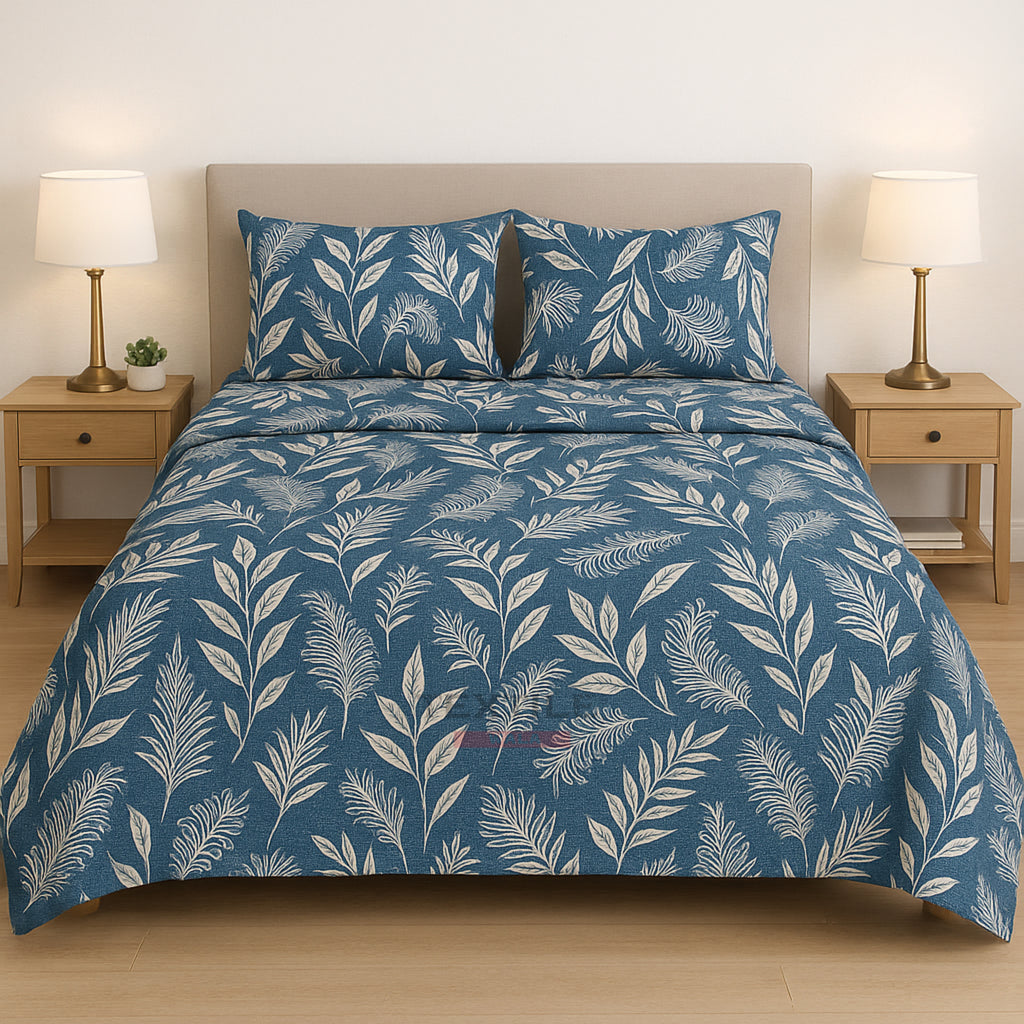 ELE FITTED – Blue Leaf Print Bedsheet Set