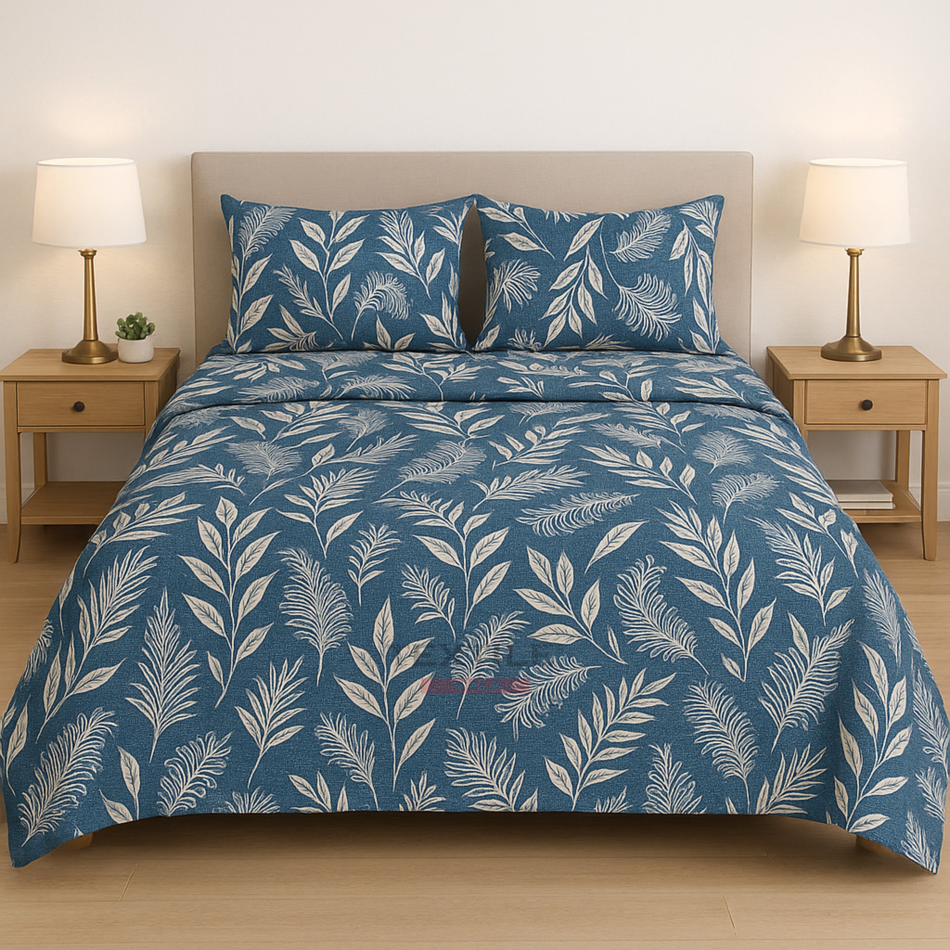 ELE FITTED – Blue Leaf Print Bedsheet Set