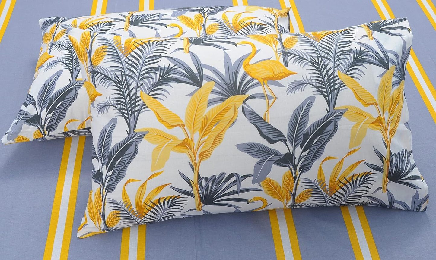 Cotton Double Bed Bedsheet Set – Striped Flamingo Design