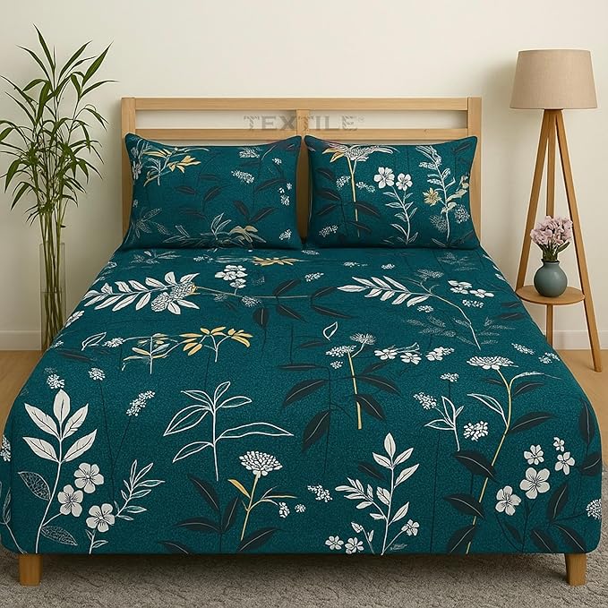 TEXTILEWALA Petal Design Bedsheet King Size 90x100 Inches | 320 TC Cotton Feel Fabric | Soft & Wrinkle-Free Double Bed Bedsheet with 2 Pillow Covers | Petal Print (Green, King)