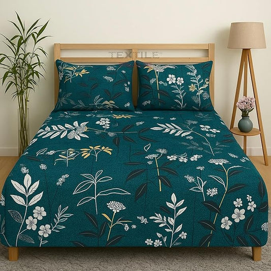 TEXTILEWALA Petal Design Bedsheet King Size 90x100 Inches | 320 TC Cotton Feel Fabric | Soft & Wrinkle-Free Double Bed Bedsheet with 2 Pillow Covers | Petal Print (Green, King)
