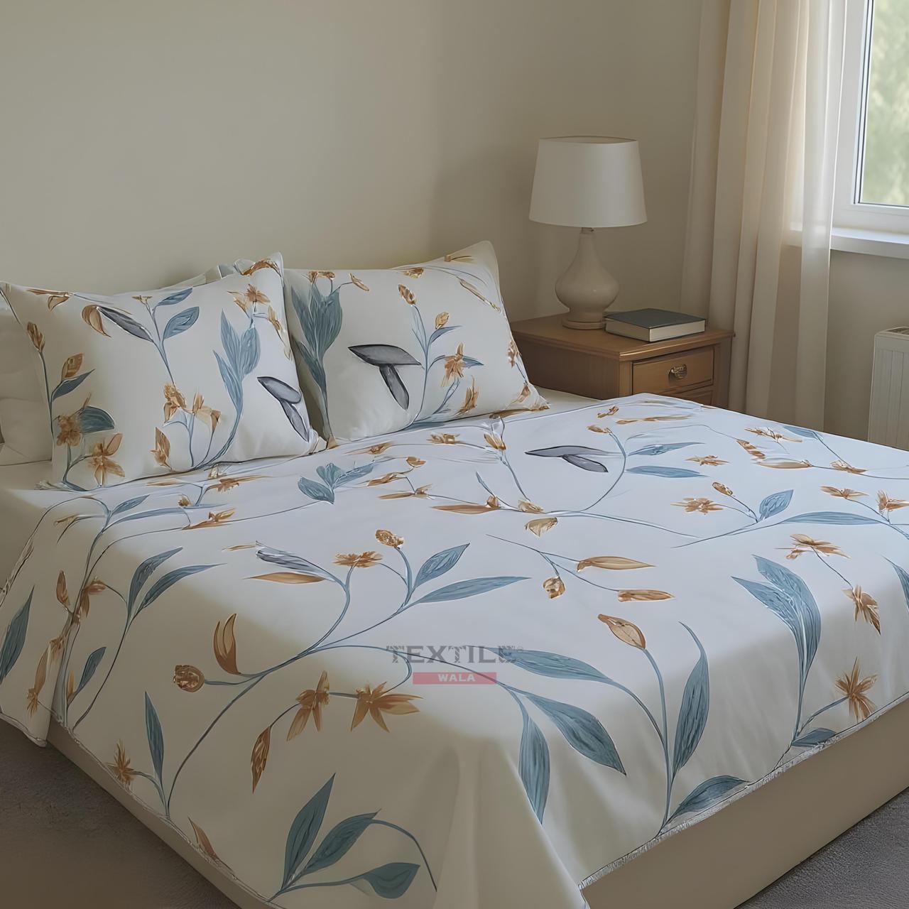 TEXTILEWALA Calvin Design Bedsheet King Size 90x100 Inches | 320 TC Cotton Feel Fabric | Soft & Wrinkle-Free Double Bed Bedsheet with 2 Pillow Covers | Calvin Print (White, King)