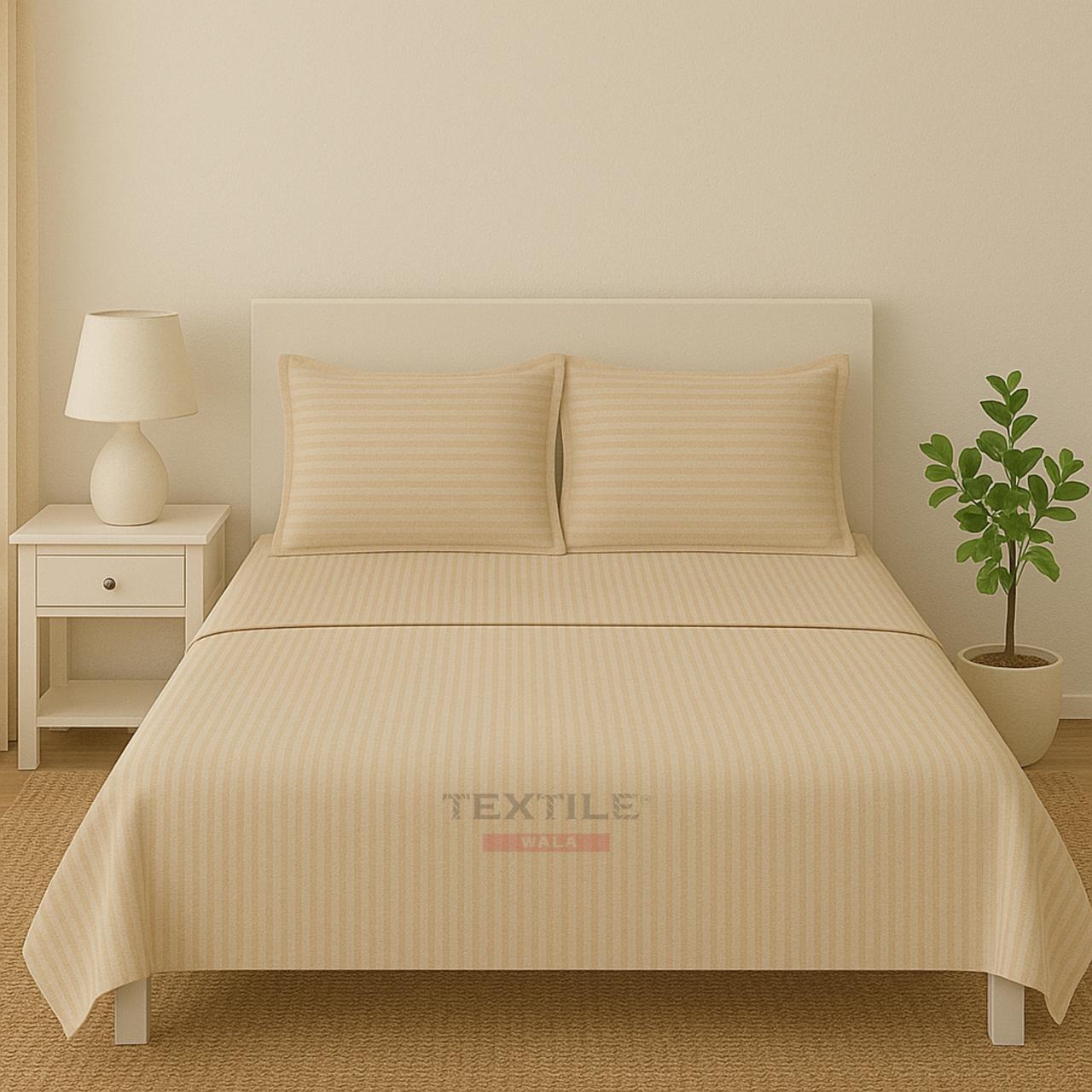 TEXTILEWALA 320 TC Cotton Feel Bedsheet King Size | Stripe Design | 90x100 Inches Double Bed Bedsheet with 2 Pillow Covers | Soft, Easy Care | Ideal for Home & Gifting (Beige)