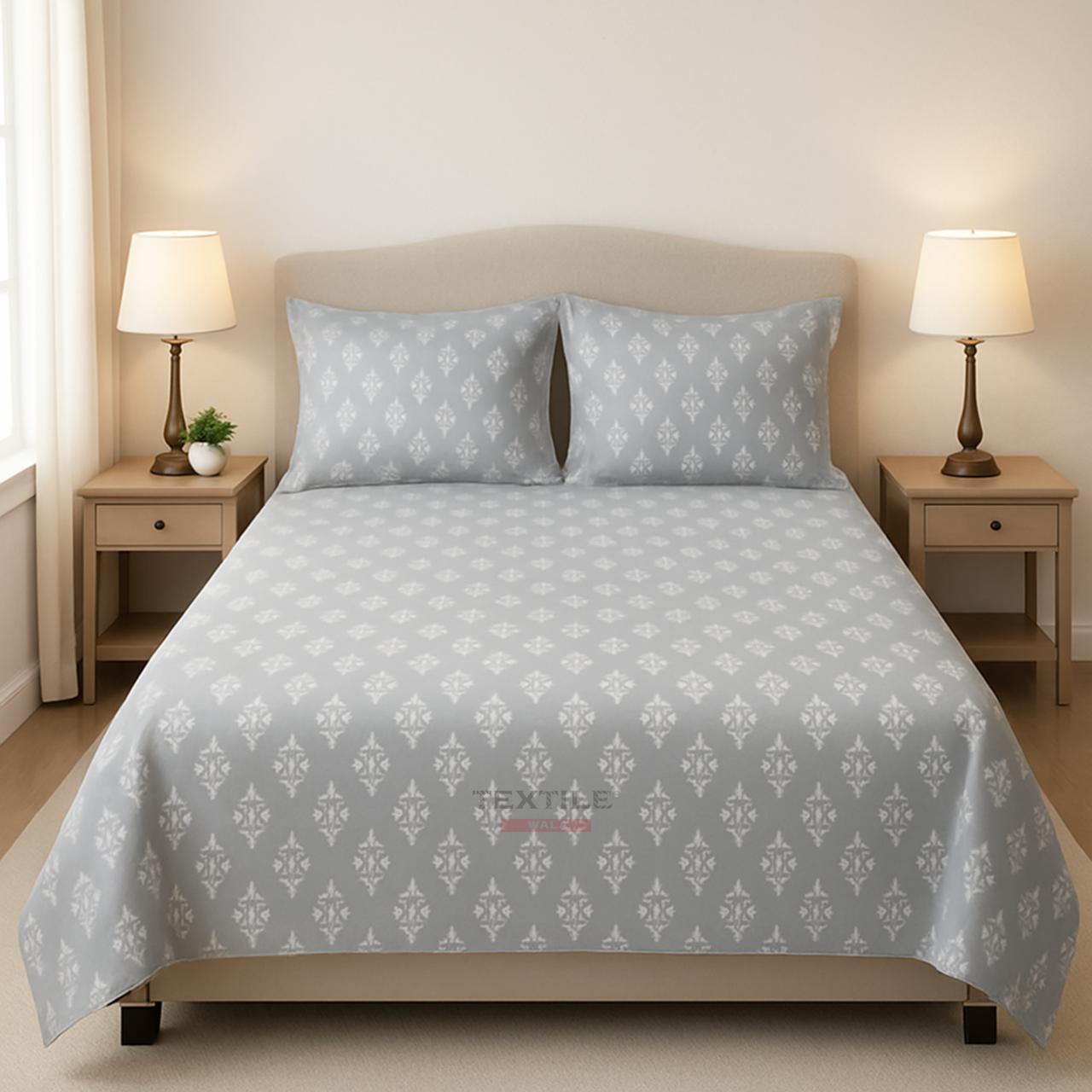 TEXTILEWALA Calvin Design Bedsheet King Size 90x100 Inches | 320 TC Cotton Feel Fabric | Soft & Wrinkle-Free Double Bed Bedsheet with 2 Pillow Covers | Calvin Print (Gray, King)