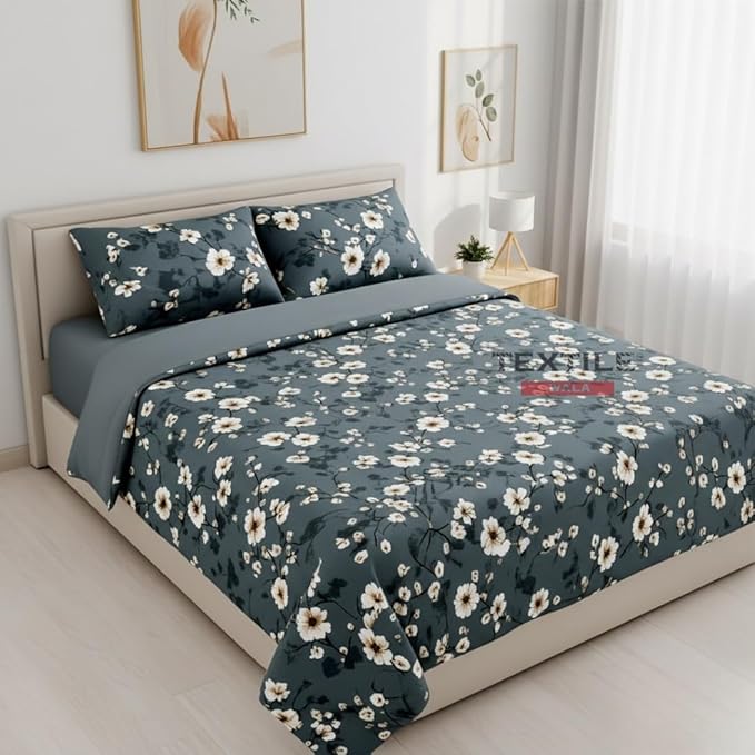 TEXTILEWALA Flora Design Bedsheet King Size 90x100 Inches | 320 TC Cotton Feel Fabric | Soft & Wrinkle-Free Double Bed Bedsheet with 2 Pillow Covers | Floral Print (Gray, King)